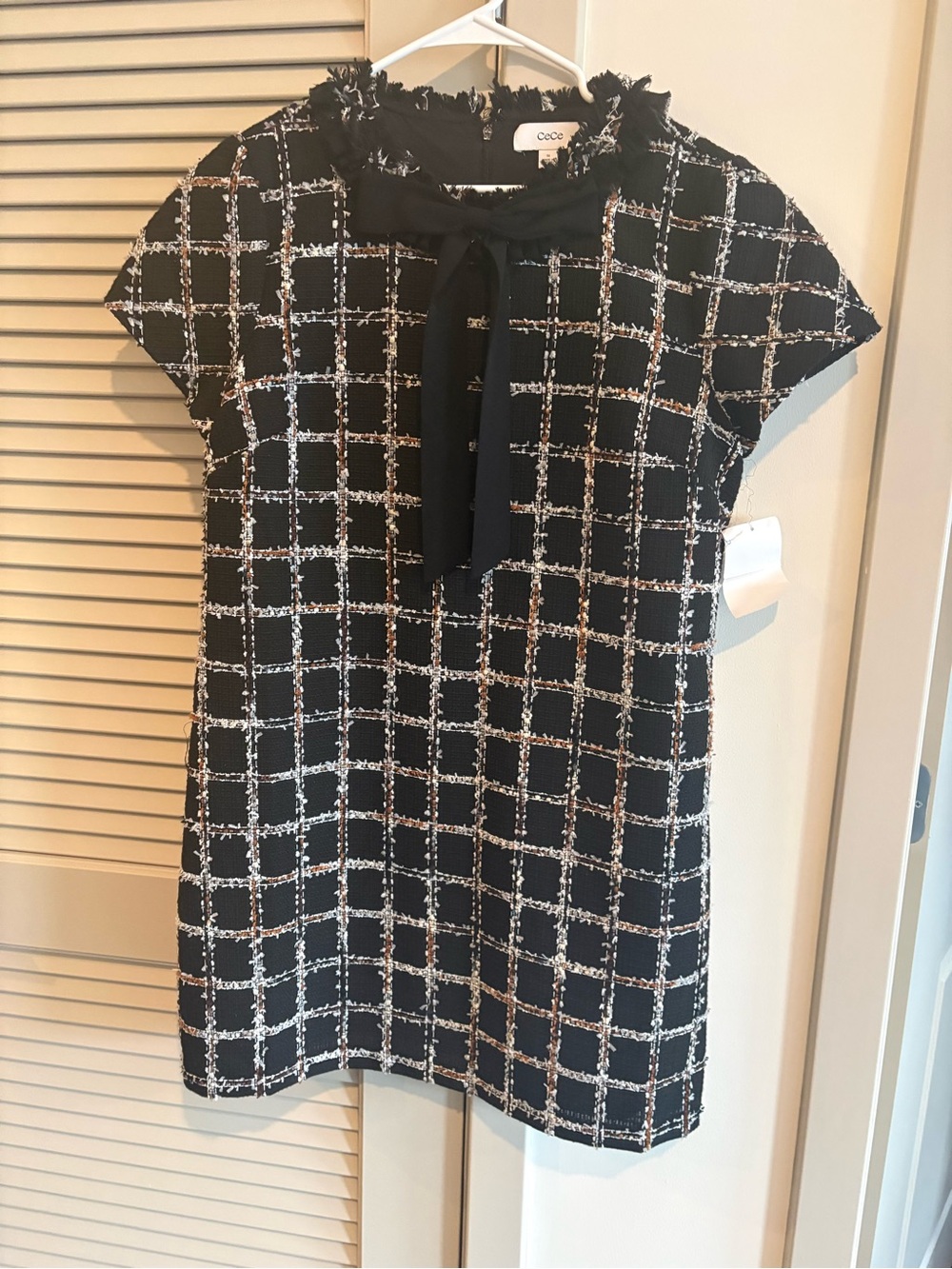 CeCe Black Windowpane Tweed Shift Dress with Bow * Sz. 14 * NWT